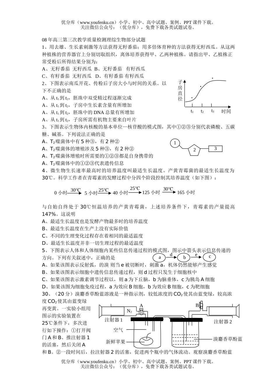 高中三年级生物08年第三次教学质量检测理综试卷_第1页
