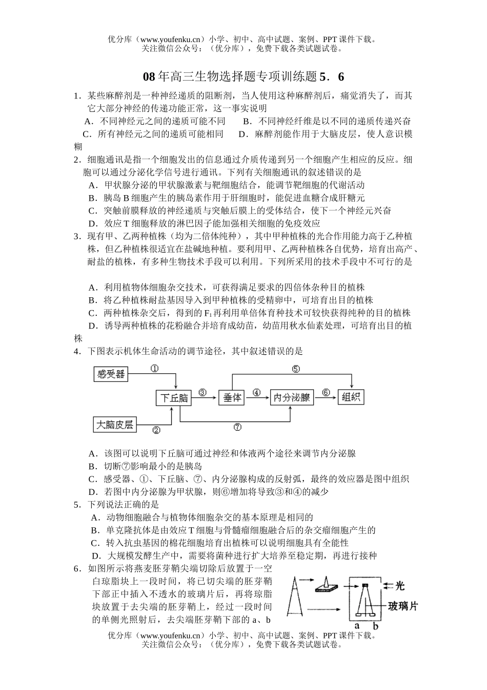高中三年级生物08年选择题专项训练题试卷_第1页