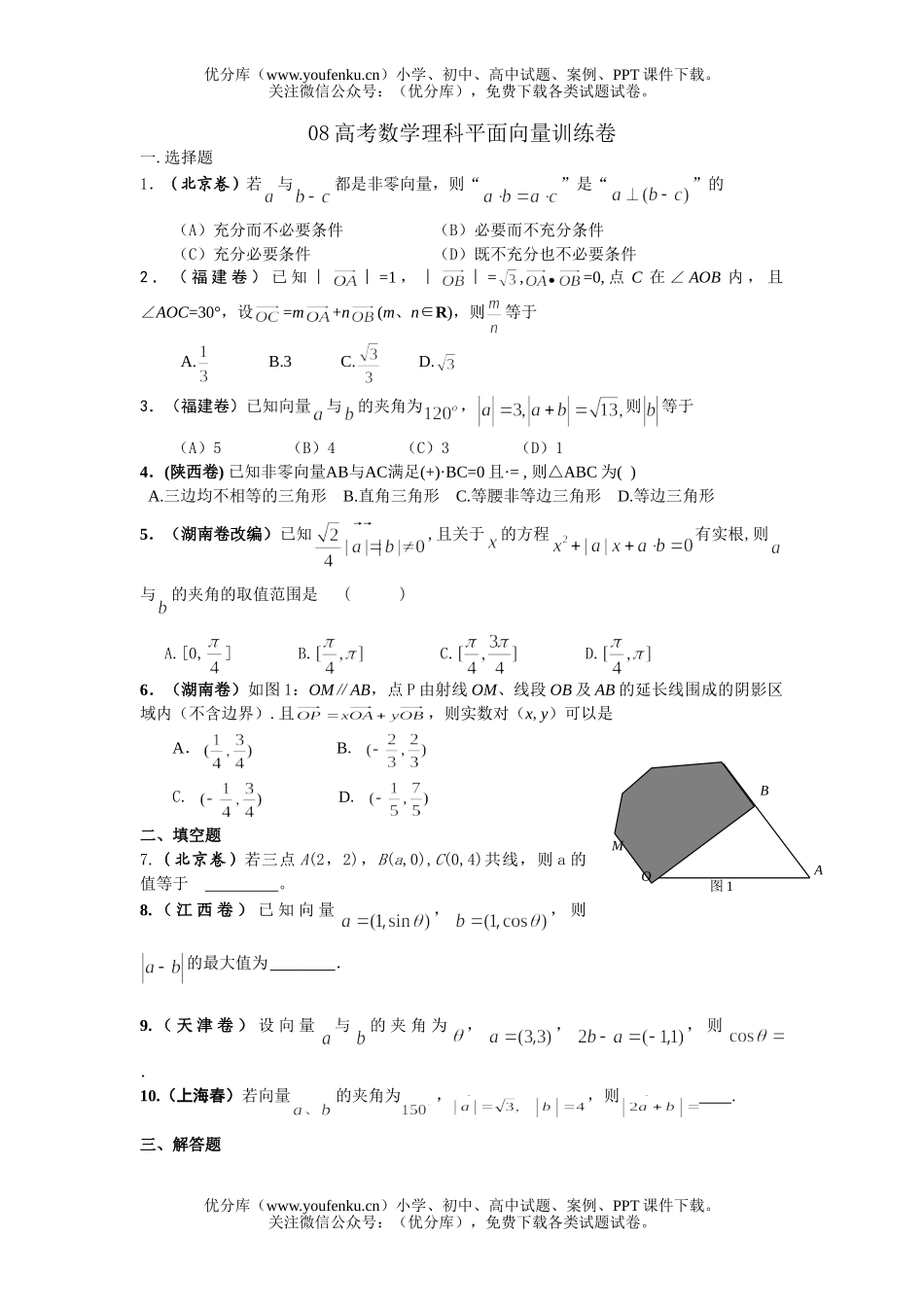 高考数学08高考理科平面向量训练试卷_第1页