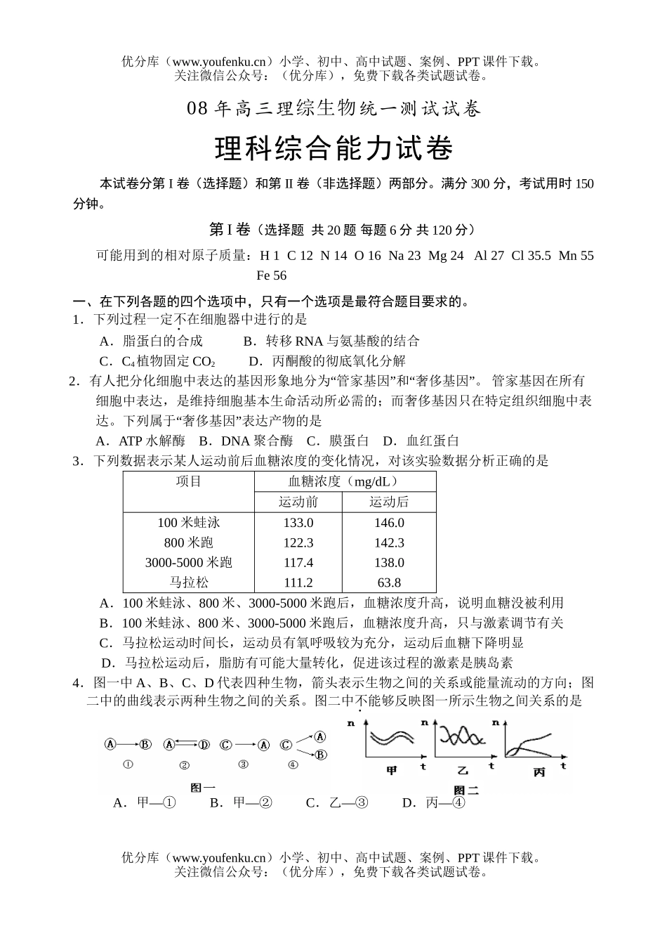 高中三年级生物08年理综统一测试卷_第1页