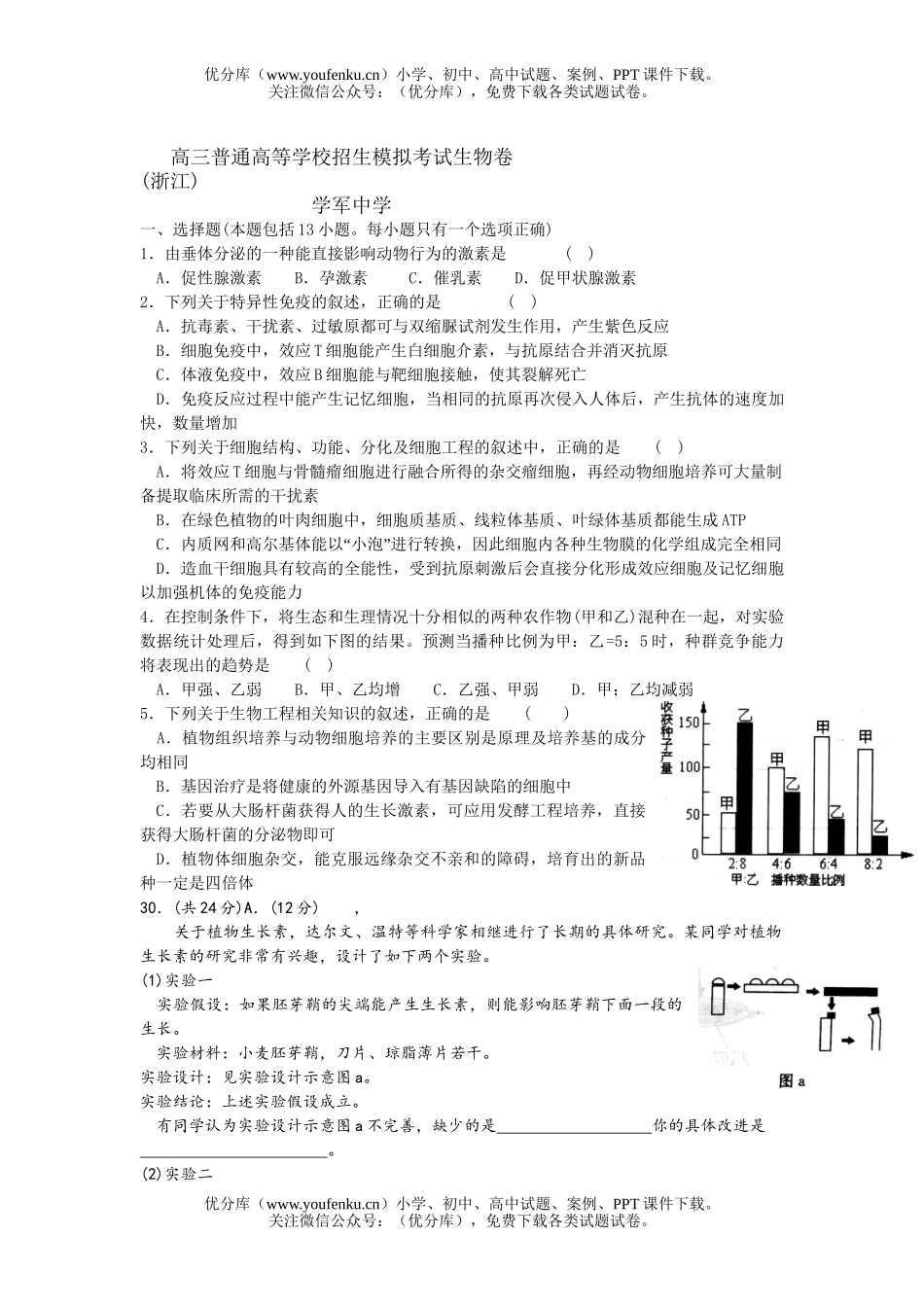 高中三年级生物普通高等学校招生模拟考试卷_第1页