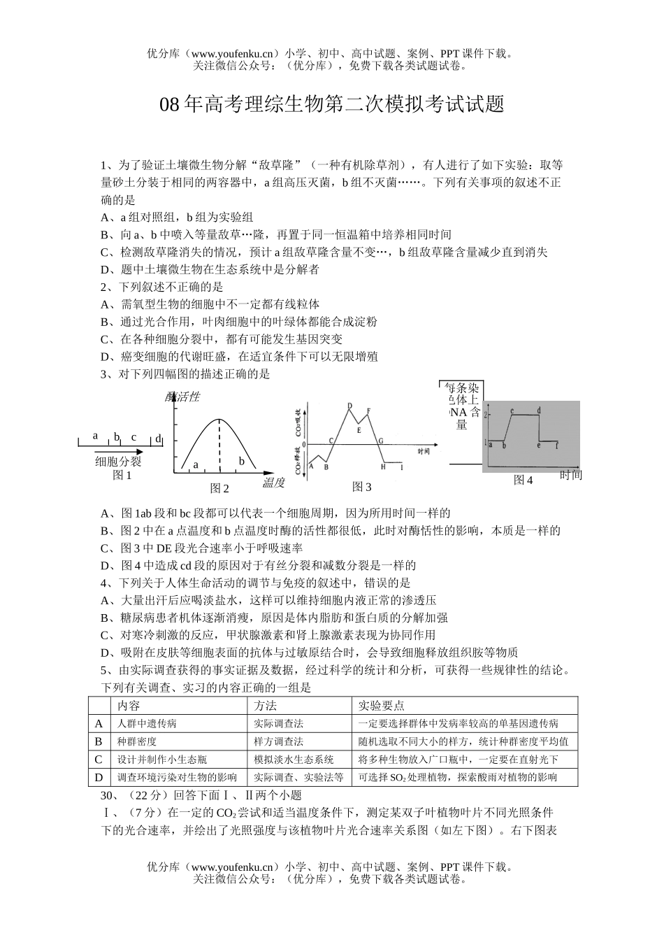高中三年级生物08年高考理综第二次模拟考试卷_第1页