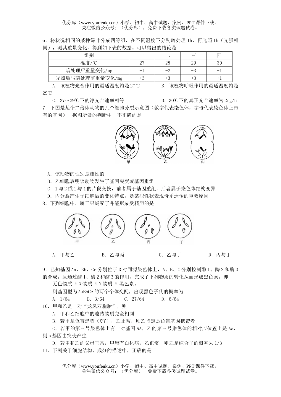 高中三年级生物08年毕业班第一次高考模拟考试卷_第2页