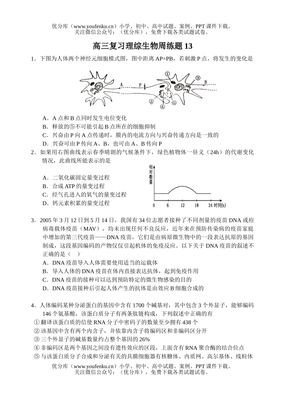 高中三年级生物复习理综周练题13试卷_第1页