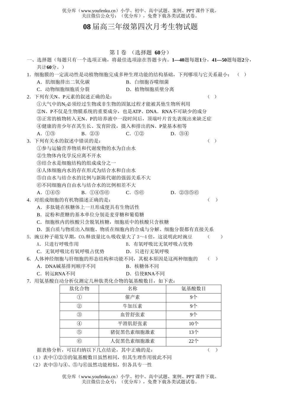 高中三年级生物08届高第四次月考试卷_第1页