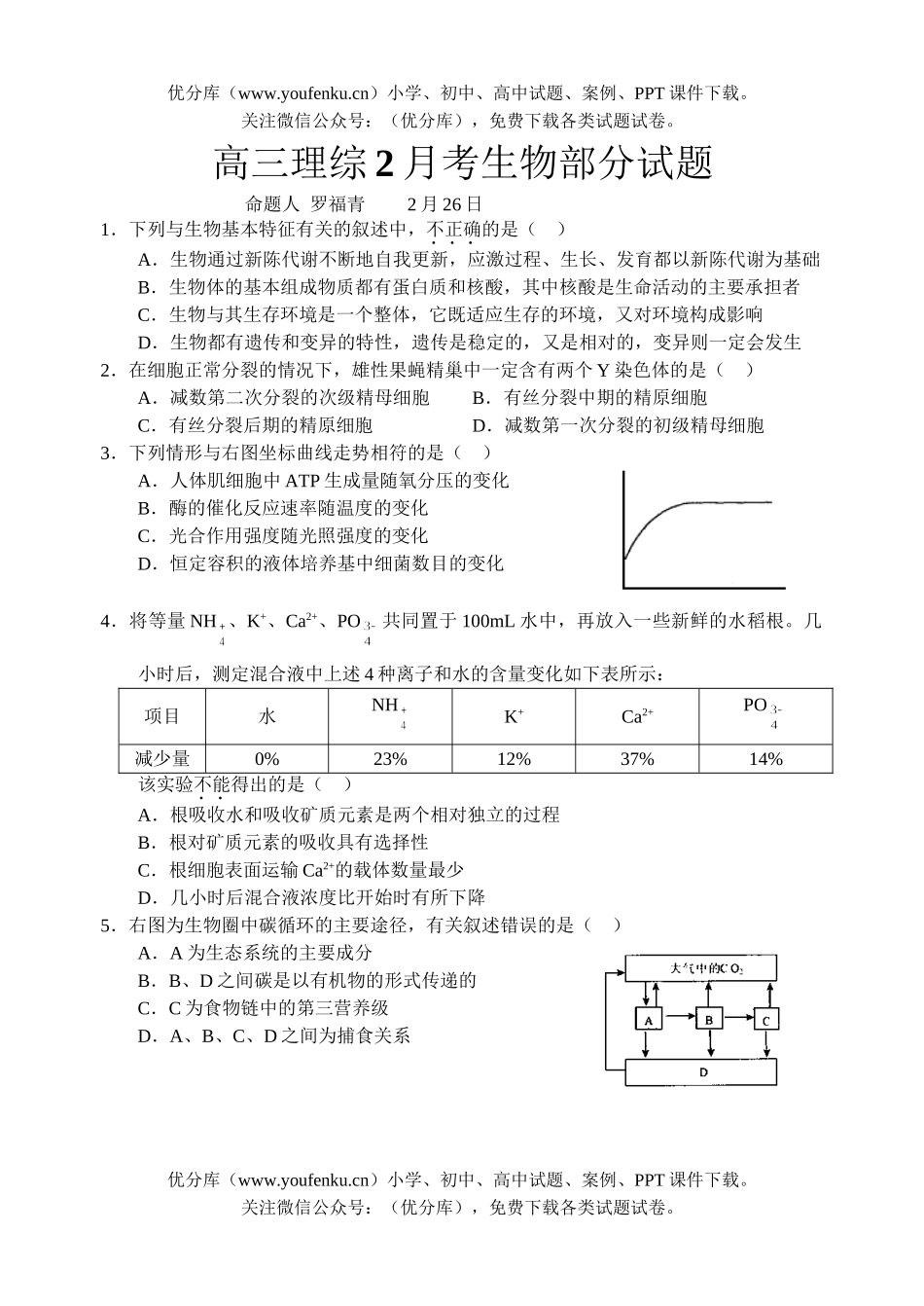 高中三年级生物理综2月考部分试卷_第1页