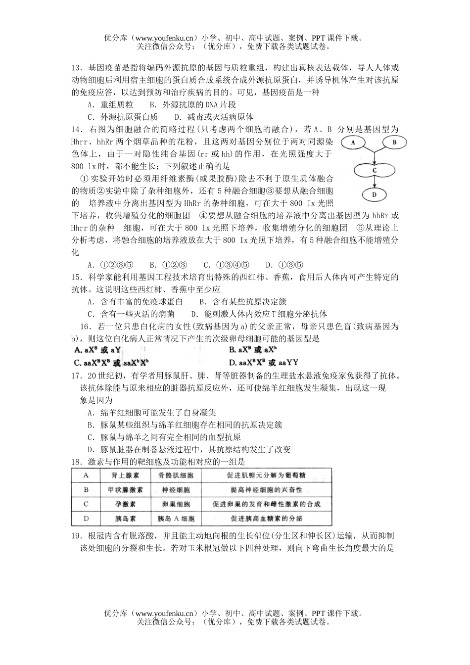 高中三年级生物O8届第六次联考试卷_第3页