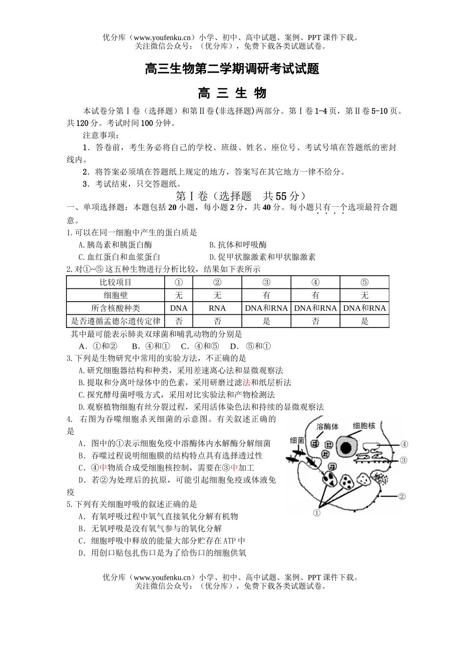 高中三年级生物第二学期调研考试1试卷_第1页