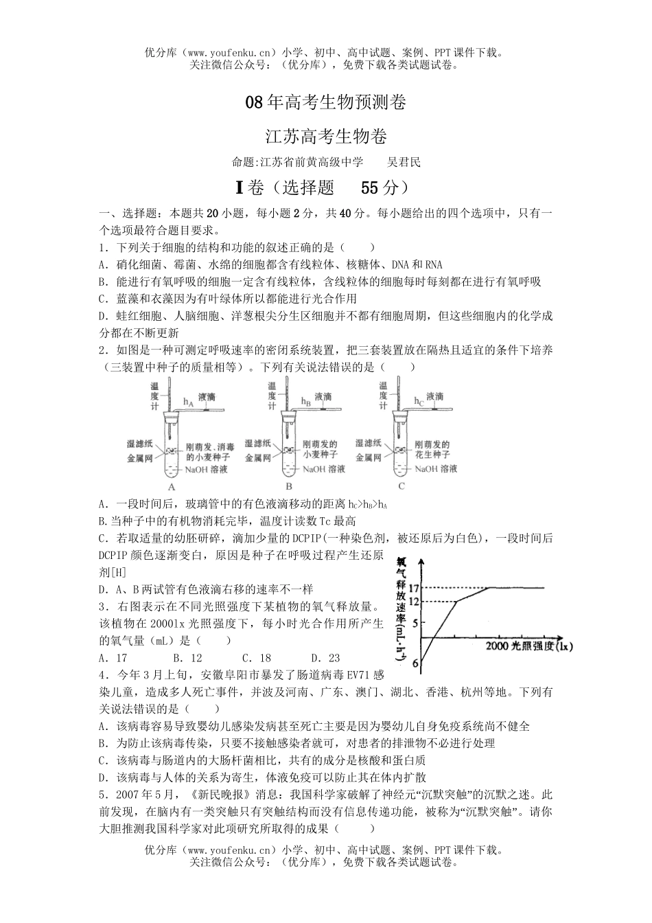 高中三年级生物08年高考预测卷1试卷_第1页