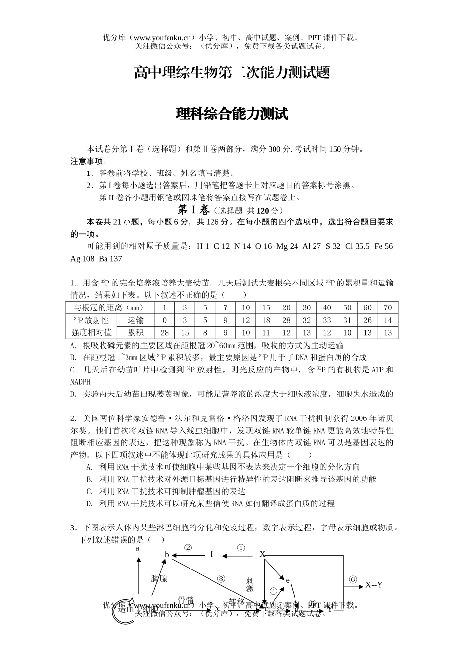 高中三年级生物理综第二次能力测试卷_第1页
