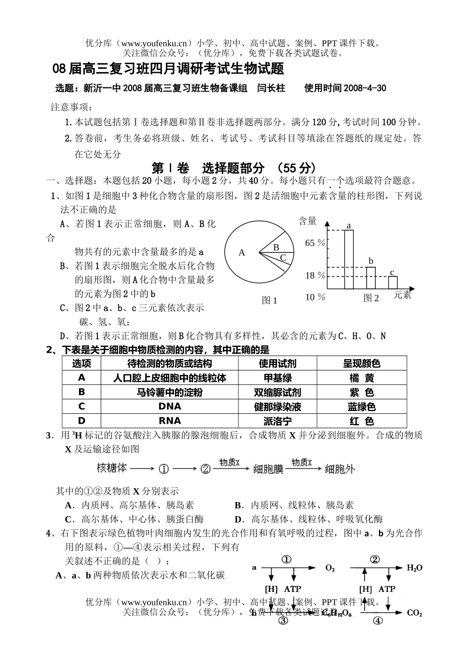 高中三年级生物08届复习班四月调研考试卷_第1页