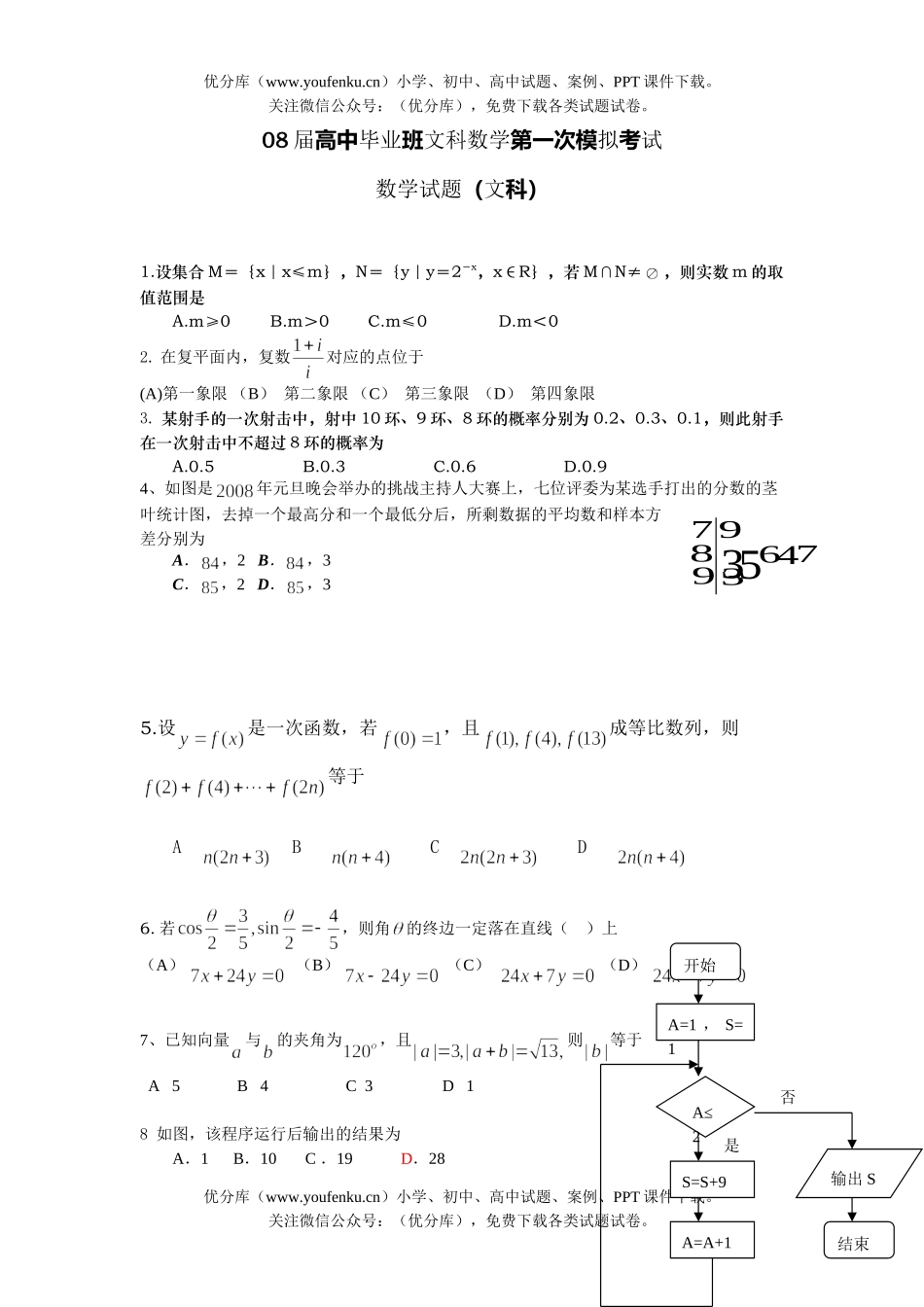 高考数学08届毕业班文科第一次模拟考试卷_第1页