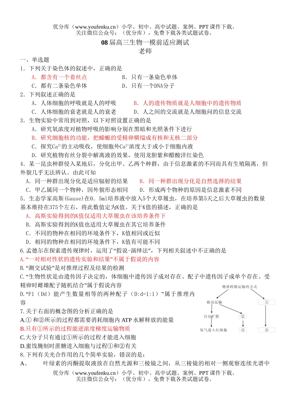 高中三年级生物08届一模前适应测试2试卷_第1页