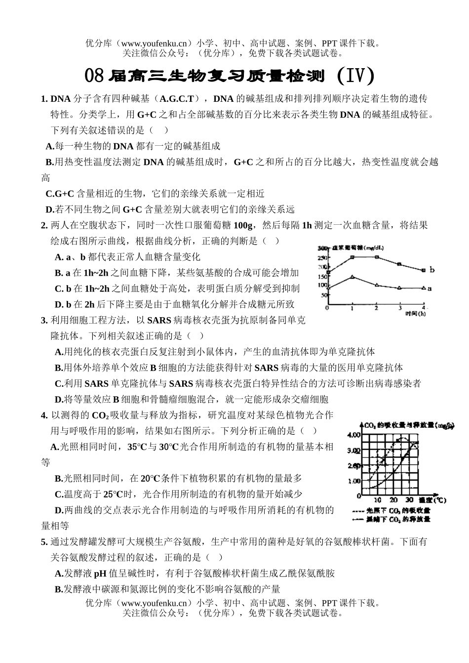 高中三年级生物08届复习质量检测4试卷_第1页