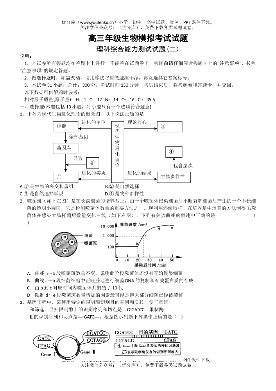高中三年级生物高模拟考试卷_第1页