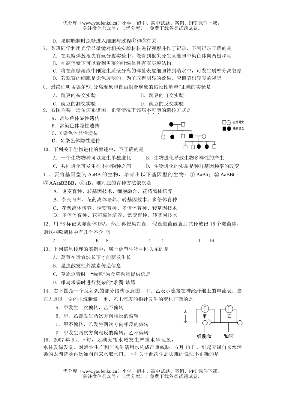 高中三年级生物08届复习调研考试卷_第2页