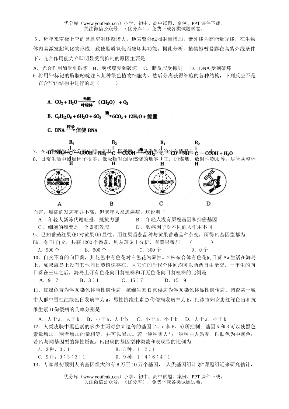 高中三年级生物第一学期第三次月考题试卷_第2页