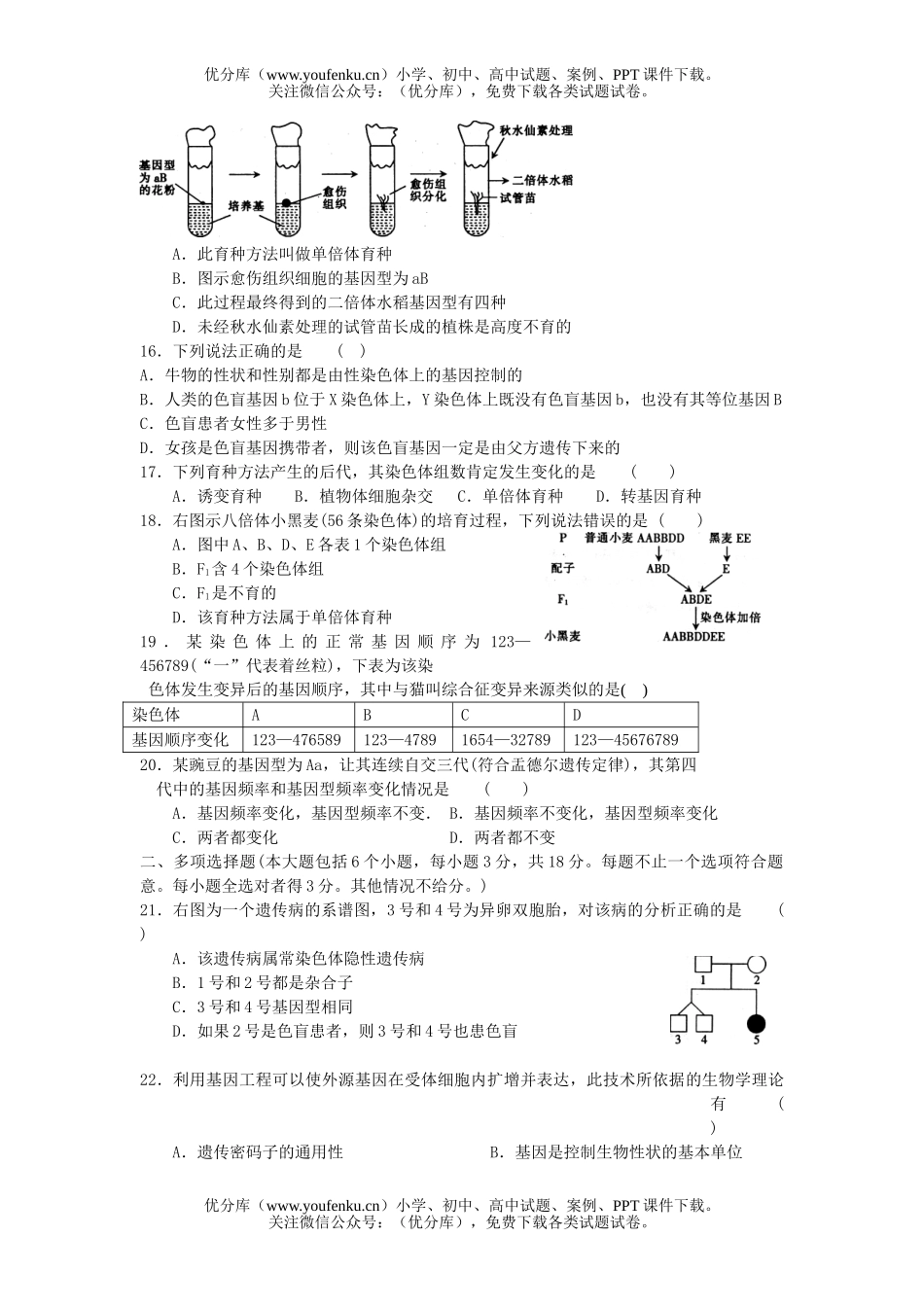 高中三年级生物单元测试示范卷八试卷_第3页