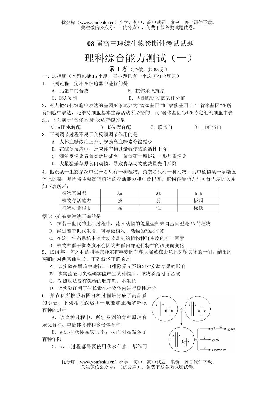 高中三年级生物08届理综诊断性考试卷_第1页