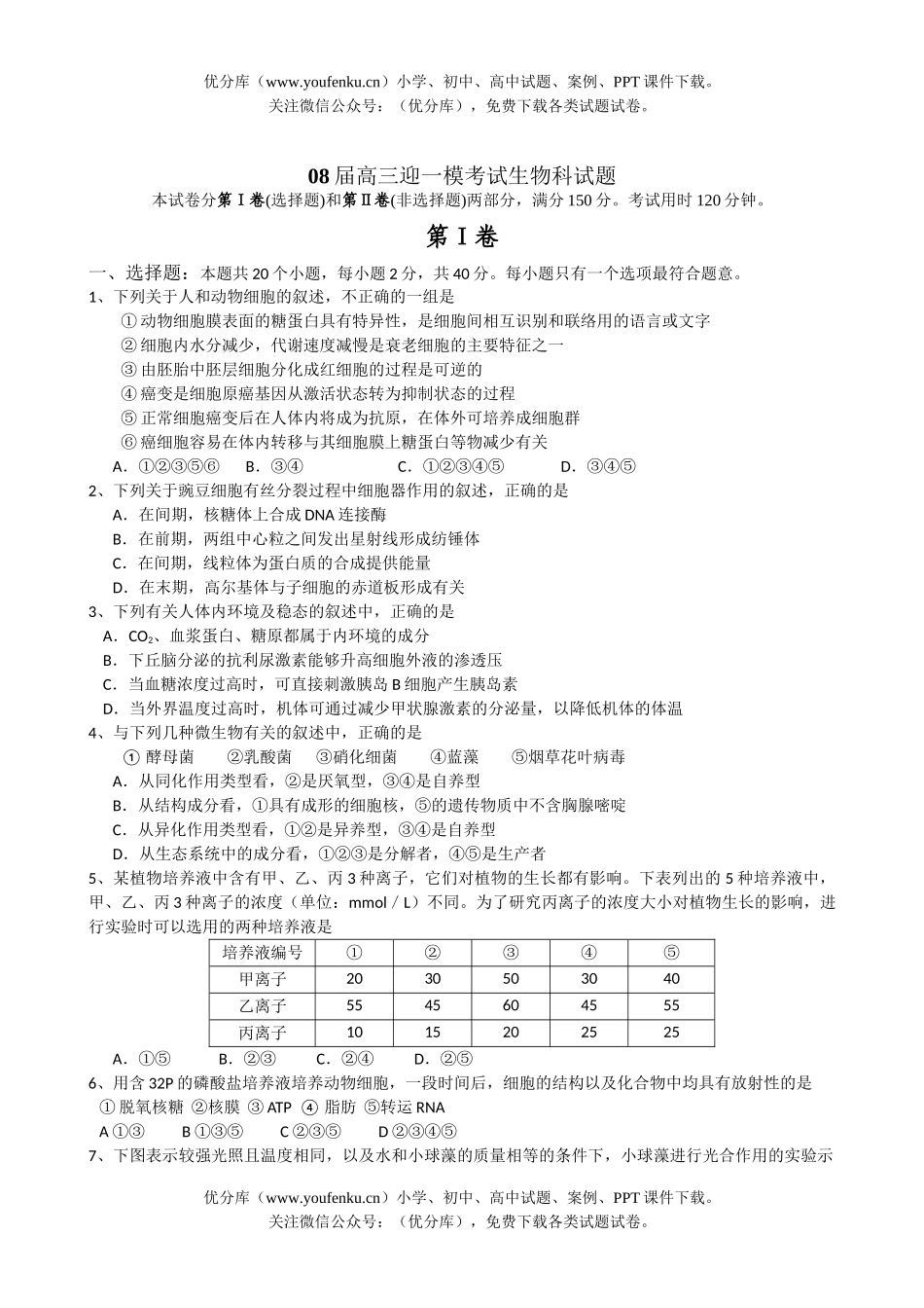 高中三年级生物08届迎一模考试科试卷_第1页