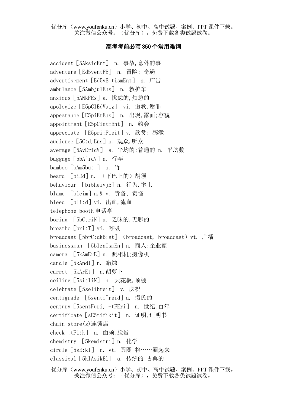 高考英语高考考前必写350个常用词试卷_第1页