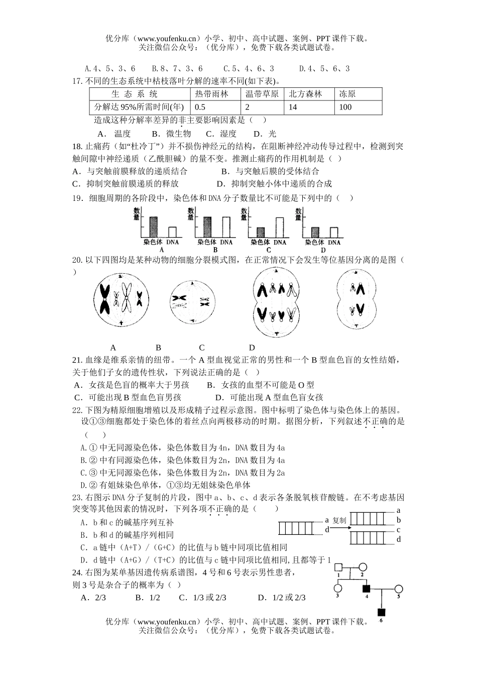 高中三年级生物08届第二次统一测2试卷_第3页