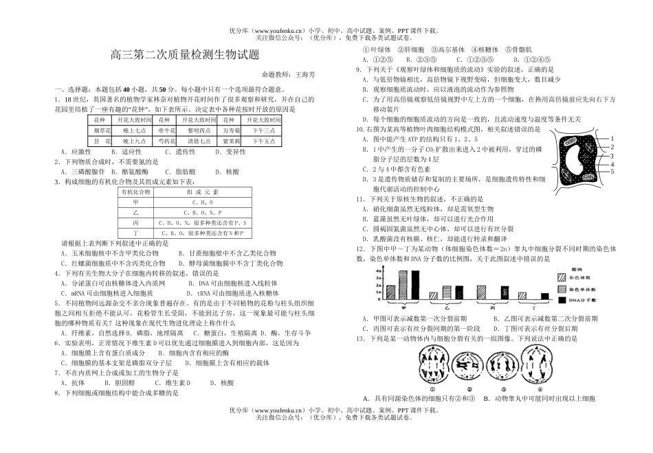 高中三年级生物第二次质量检测部分试卷_第1页