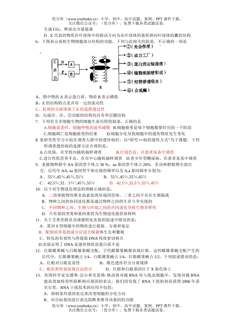 高中三年级生物09届毕业班综合测试1试卷_第2页