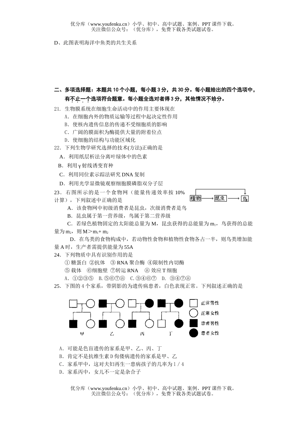 高中三年级生物08届第二次调研考试卷_第3页