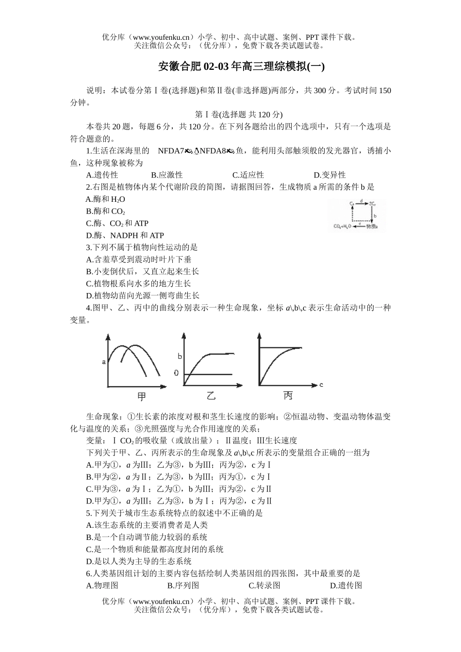 高考物理安徽合肥理综模拟(一)试卷_第1页