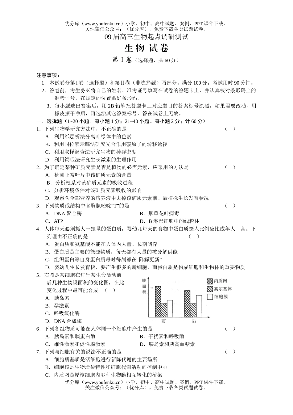 高中三年级生物09届起点调研测试卷_第1页