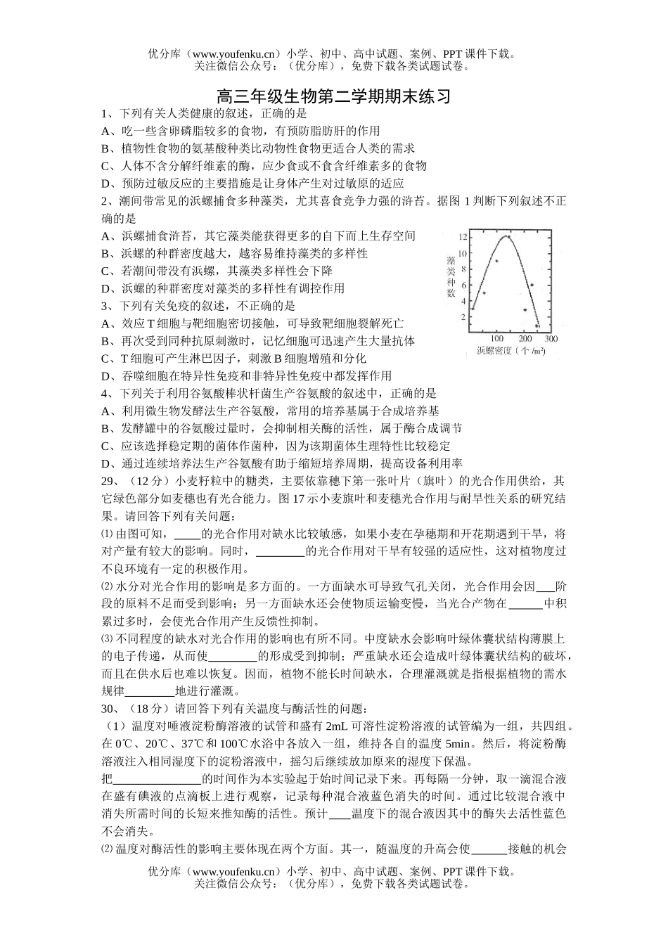 高中三年级生物高第二学期期末练习试卷_第1页