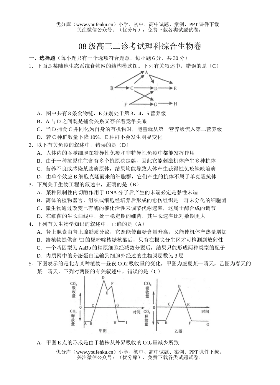 高中三年级生物08级二诊考试理科综合试卷_第1页
