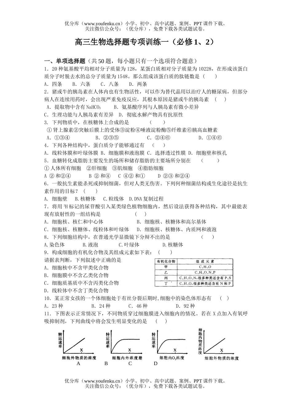 高中三年级生物选择题专项训练试卷_第1页
