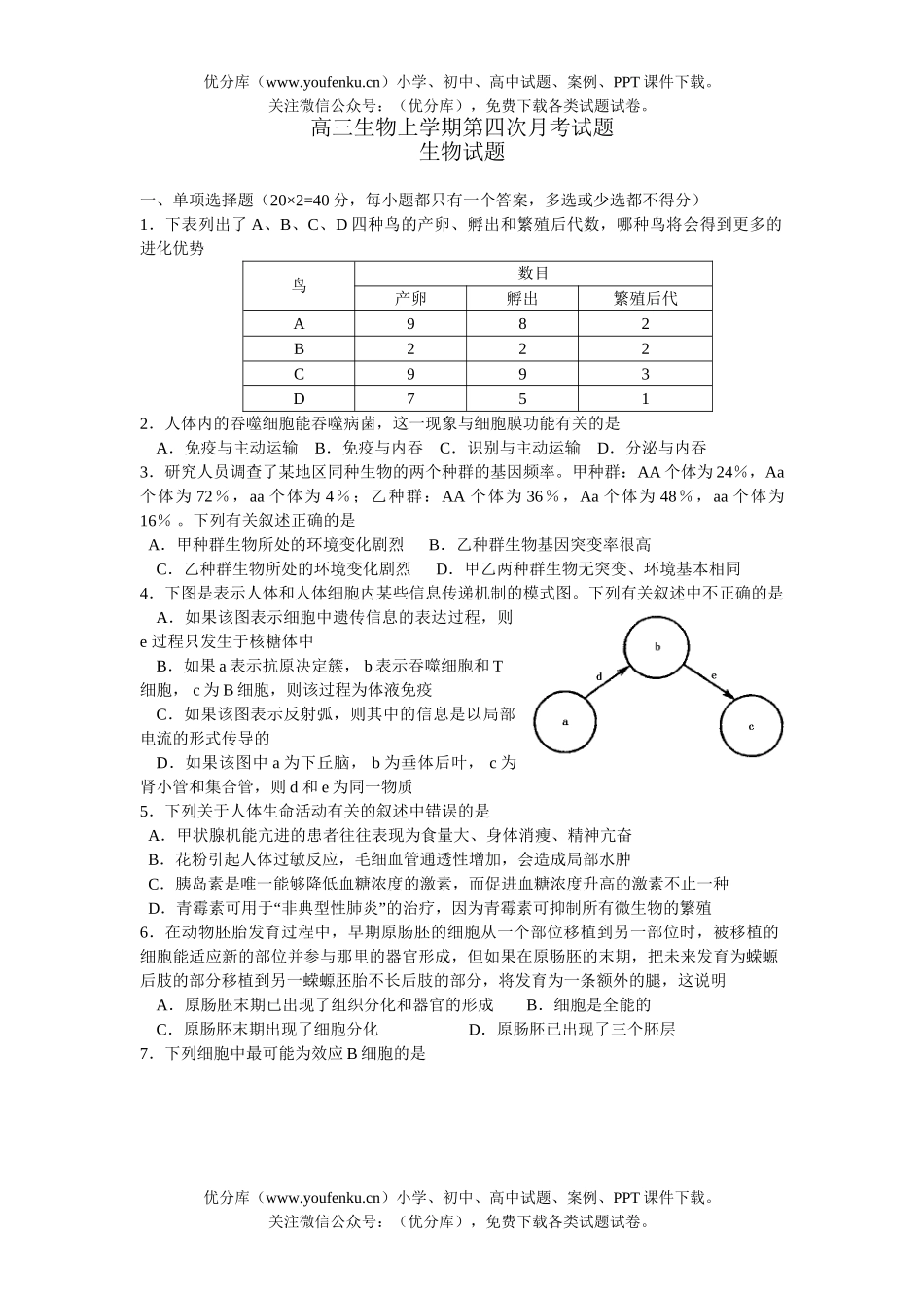 高中三年级生物上学期第四次月考试卷_第1页