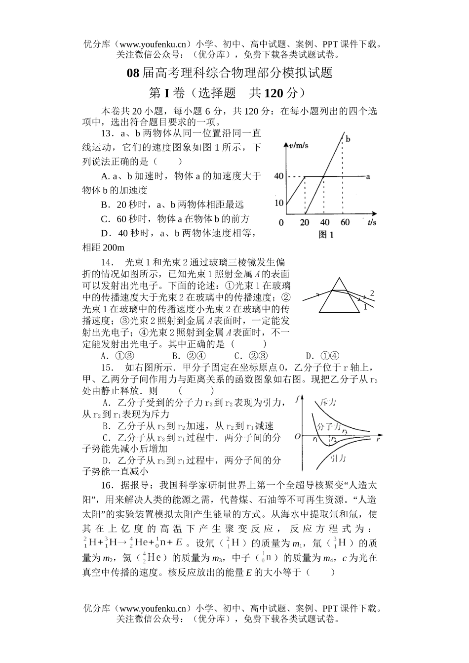 高考物理08届高考理科综合部分模拟试卷_第1页