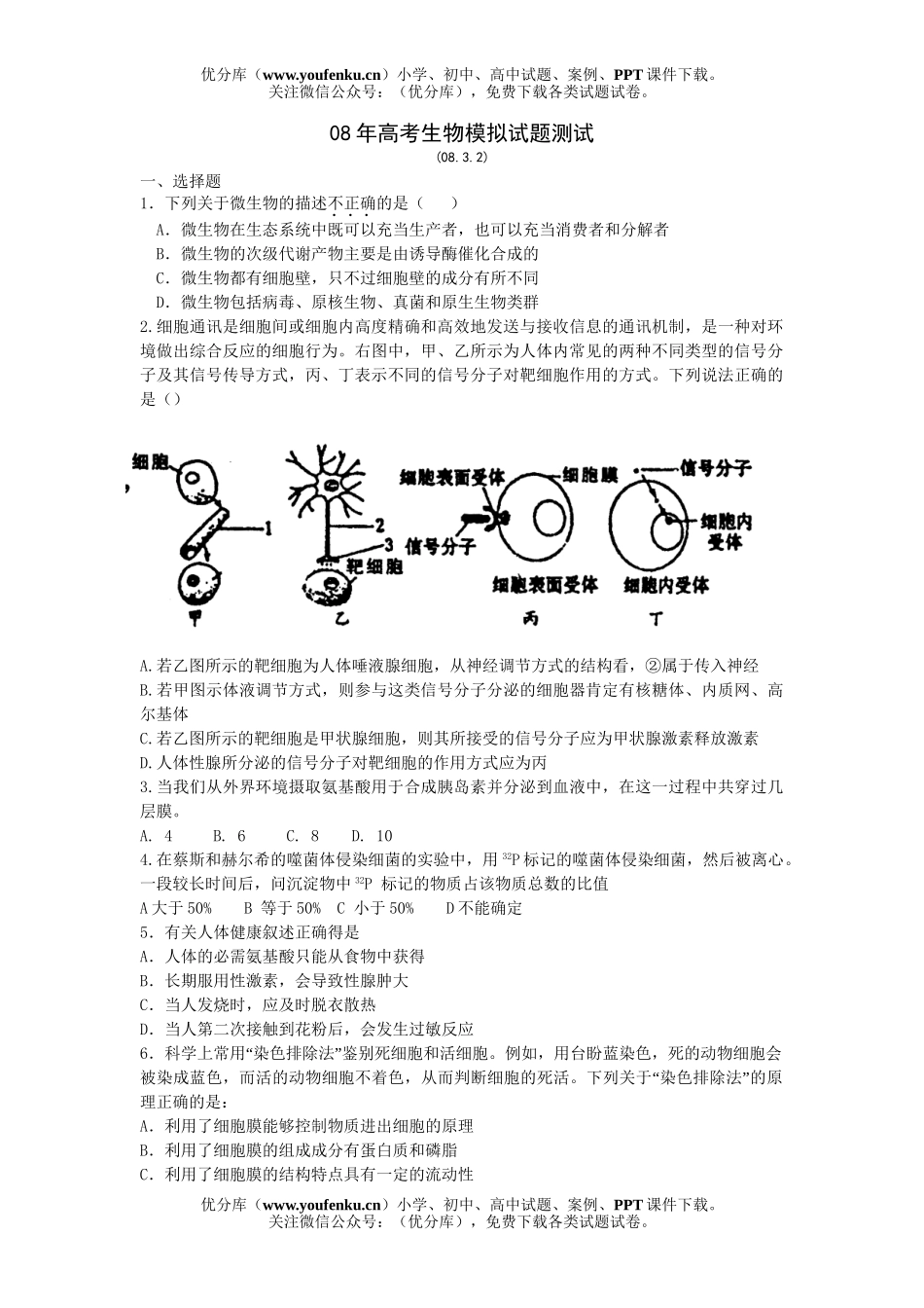 高中三年级生物08年高考模拟测试卷_第1页