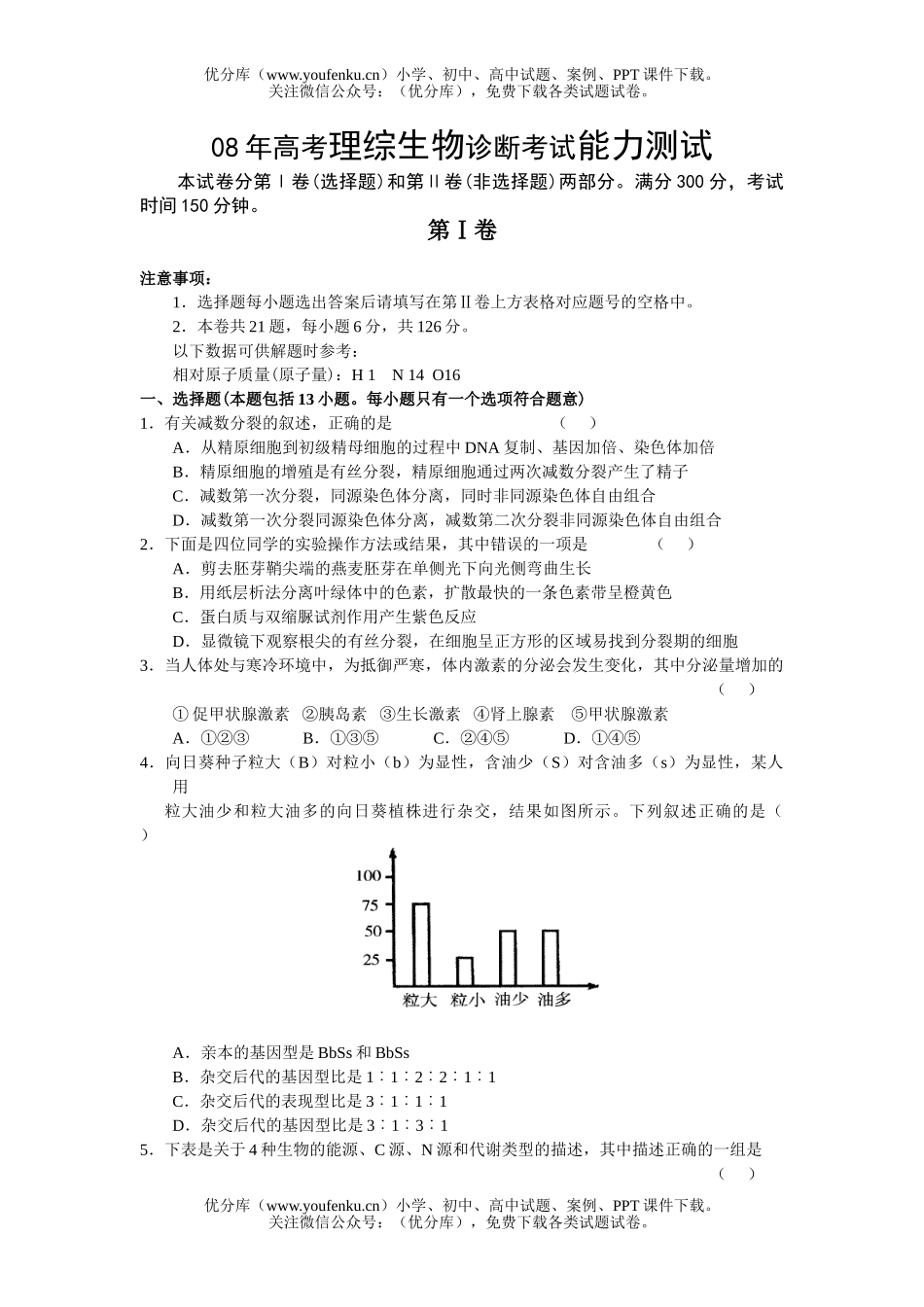 高中三年级生物08年高考理综诊断考试能力测试卷_第1页