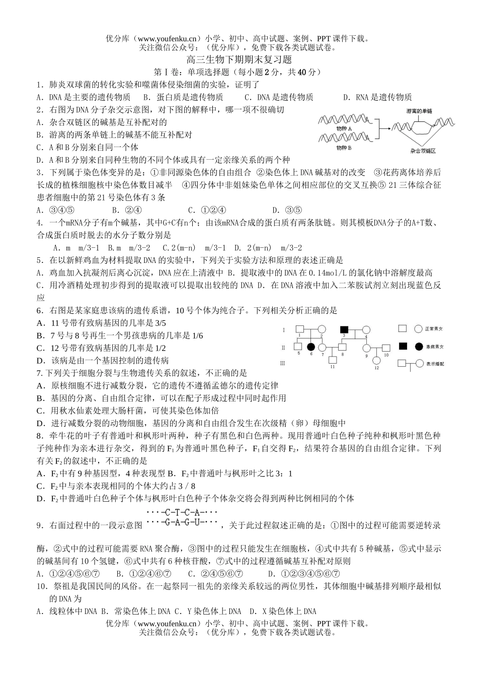 高中三年级生物下期期末复习题试卷_第1页