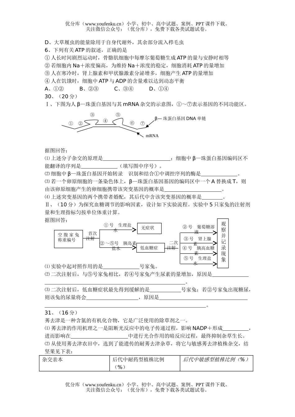 高中三年级生物08年全国统一考试天津卷理科综合部分能力测试卷_第2页