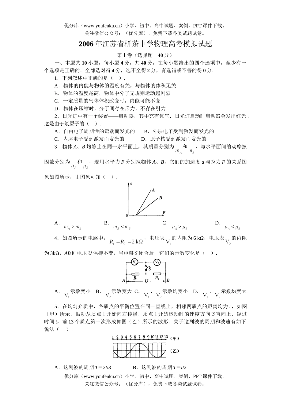 高考物理江苏省栟茶中学高考模拟试卷_第1页