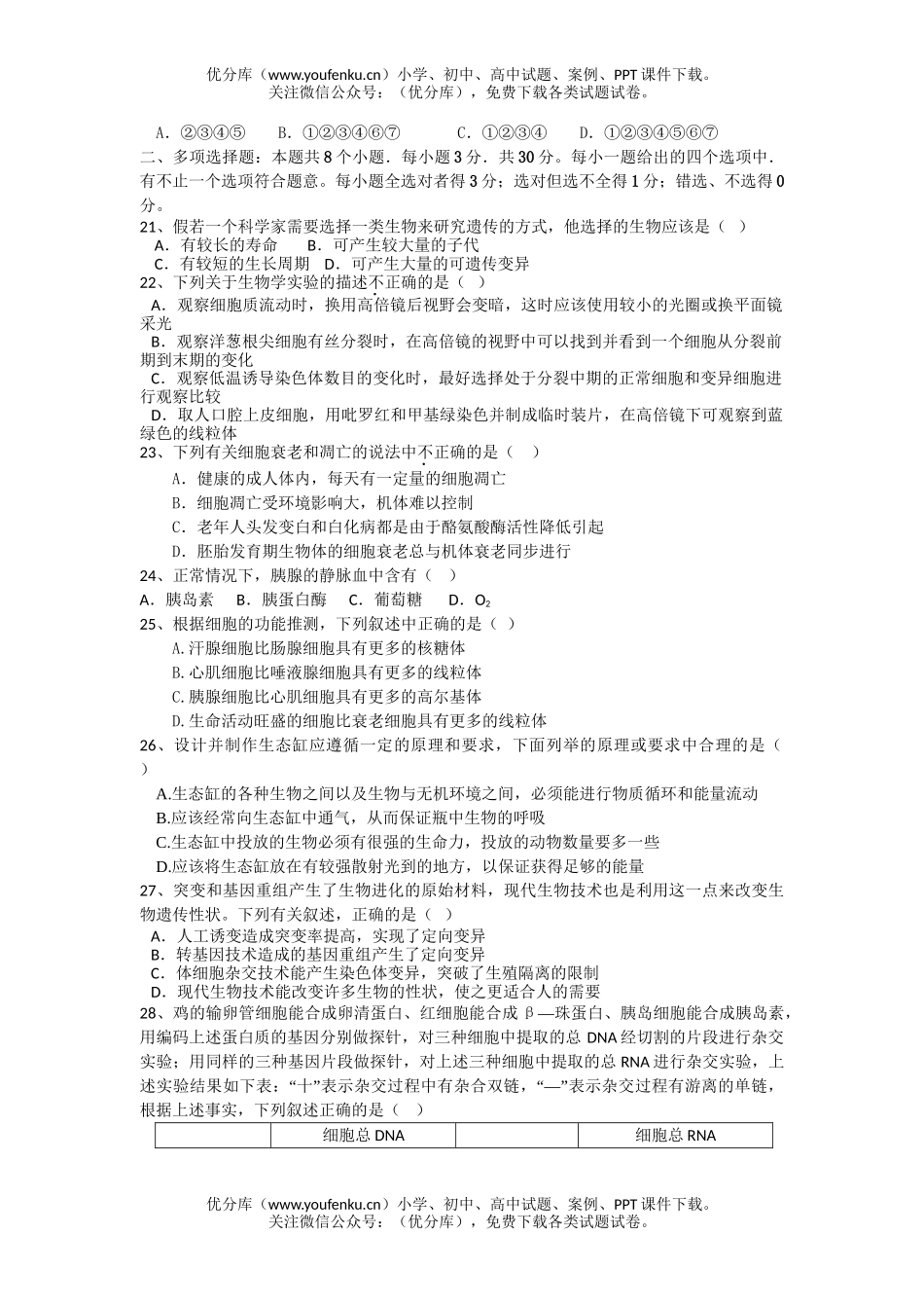 高中三年级生物09届X科9月月考试卷_第3页