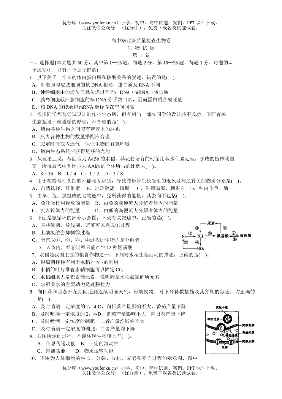 高中三年级生物毕业班综合测试卷_第1页
