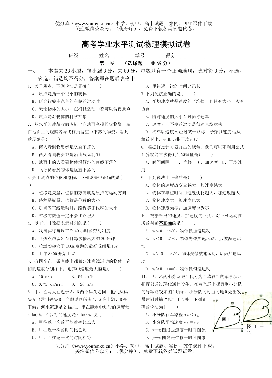 高考物理高考学业水平测试模拟12试卷_第1页