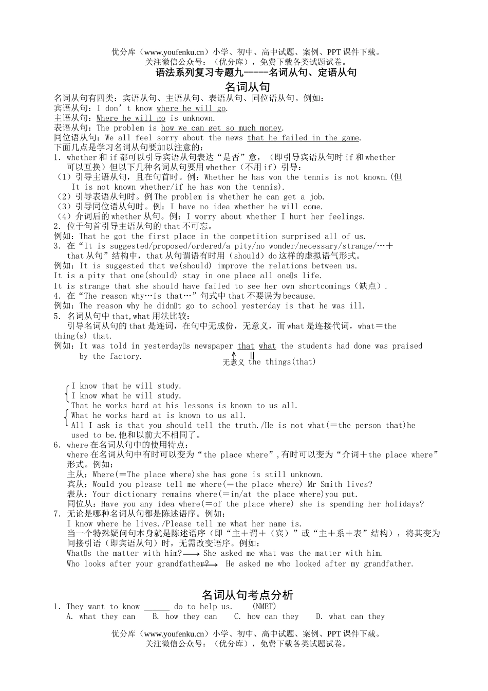 高考英语高考语法专题复习名词从句、定语从句试卷_第1页