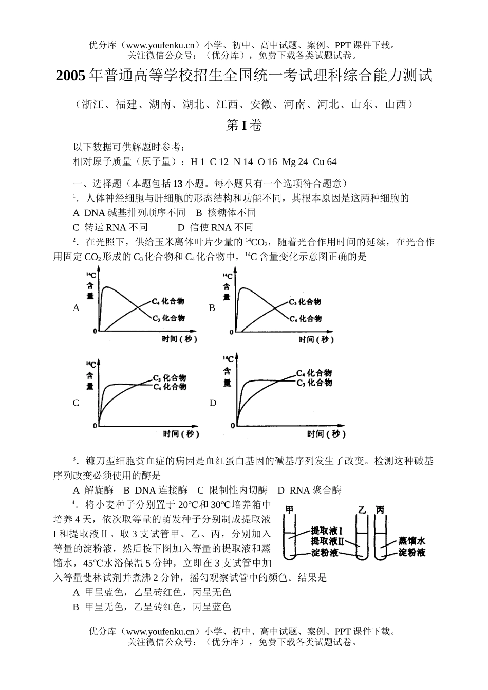 高考化学2005高考理综全国卷(1)试卷_第1页