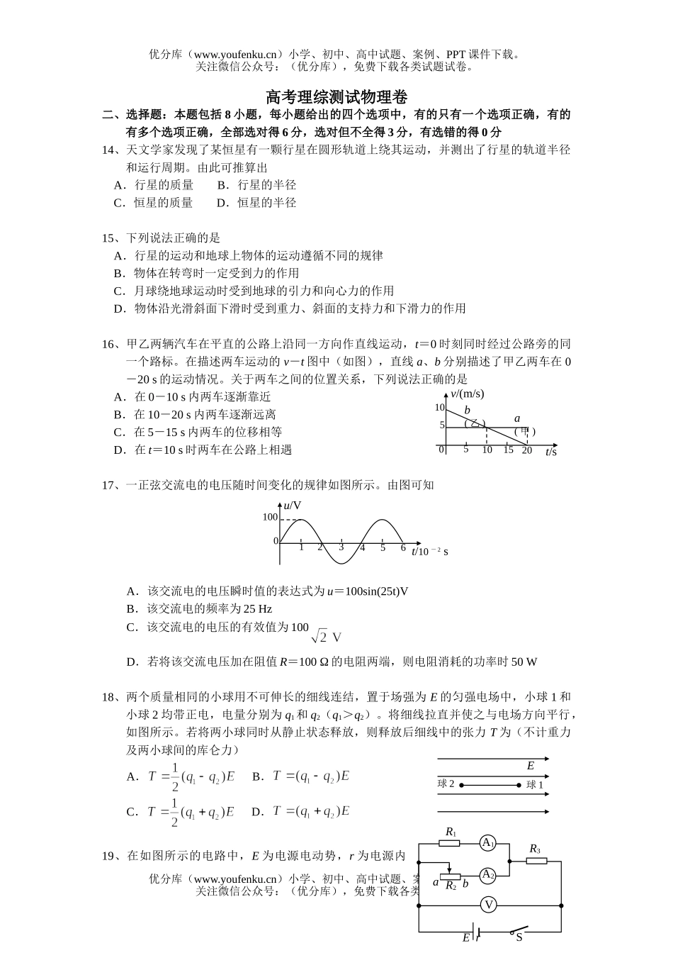 高考物理高考理综测试卷1试卷_第1页