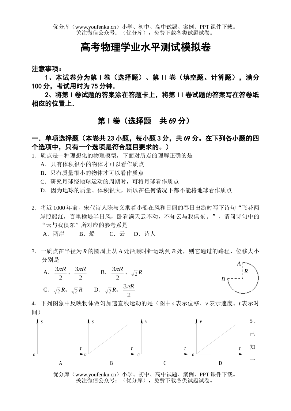高考物理高考学业水平测试模拟卷4试卷_第1页