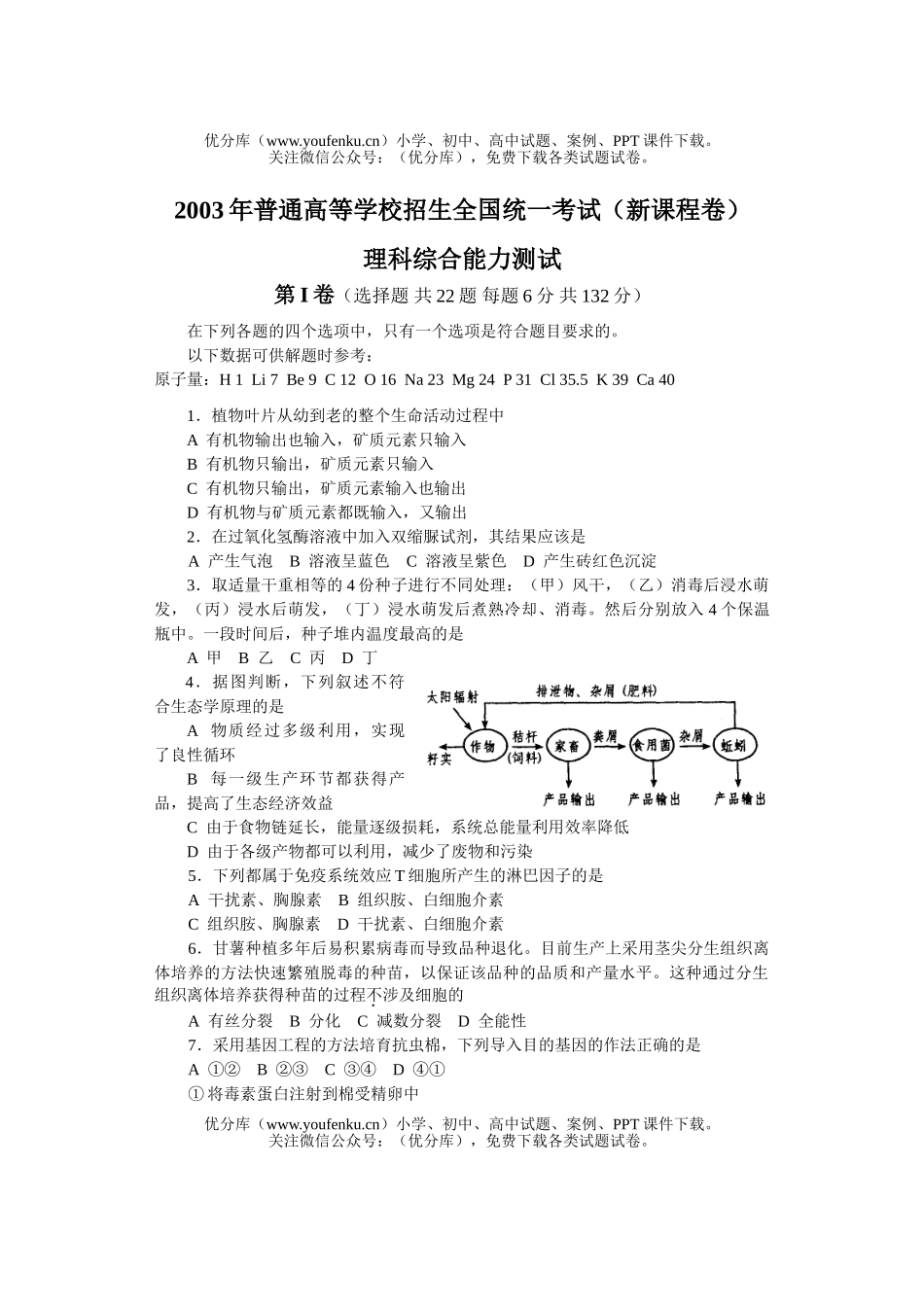 高考化学2003高考新课程理综试卷_第1页