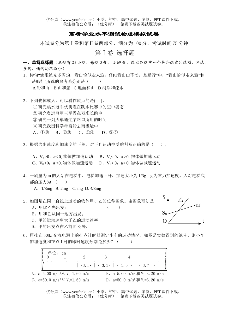 高考物理高考学业水平测试模拟1试卷_第1页
